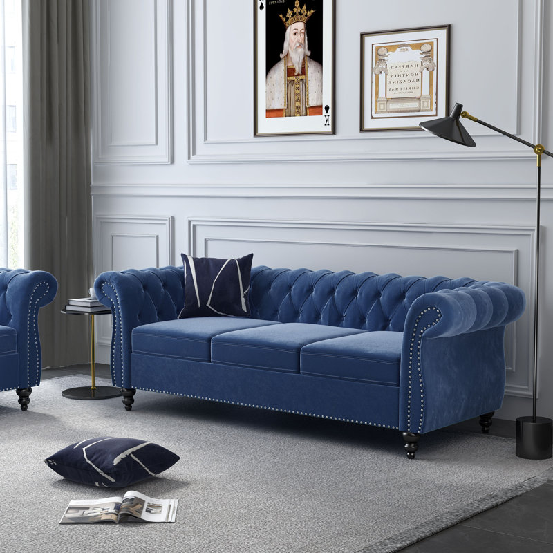 Adedapo 83.85 Upholstered Sofa Rosdorf Park Fabric Blue Velvet